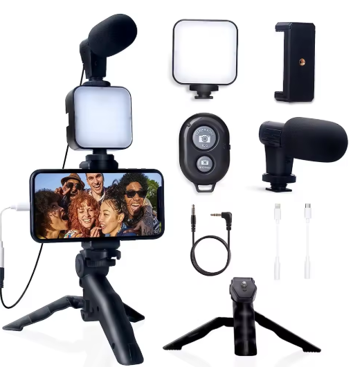 Kit vlogging para smartphone, para iphone, android, com tripé, mini microfone, kit vlog para tiktok, transmissão ao vivo, vídeo, youtube